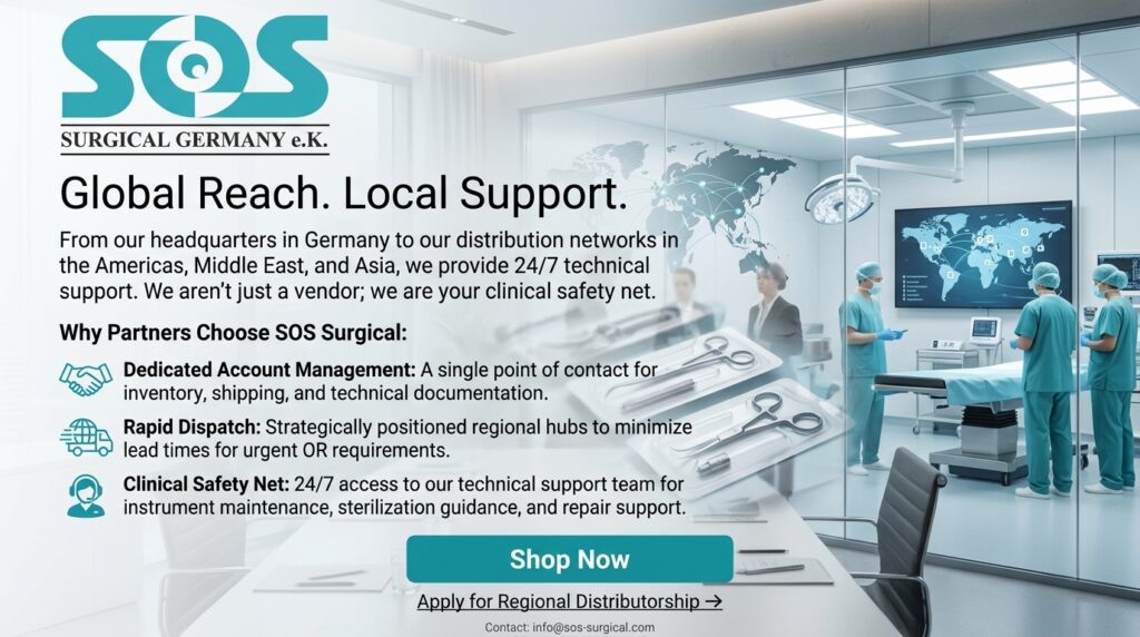 World map showing SOS Surgical Germany e.k. global distribution hubs with icons for account management, rapid dispatch, and clinical support.