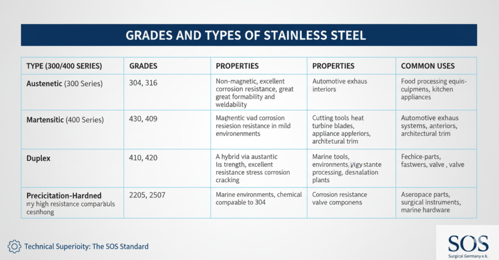 A selection of premium AISI 420/440B German stainless steel surgical instruments arranged on a workspace with the SOS Surgical Germany branding.