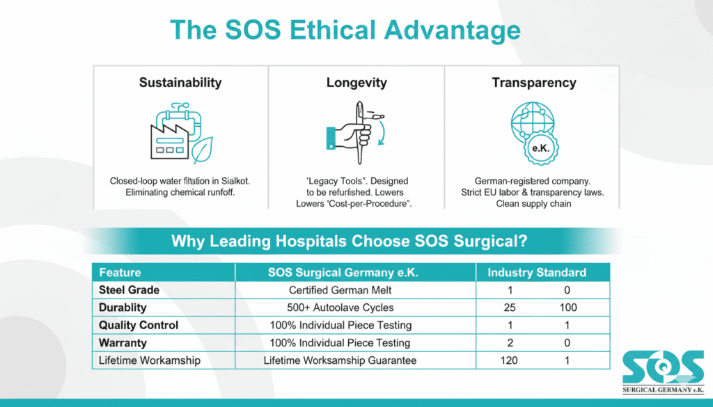 Comparison table showing the ethical, durability, and quality control advantages of SOS Surgical Germany e.k. instruments over industry standards.
