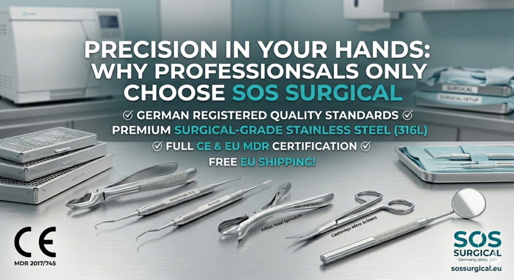 High-quality German surgical and dental instruments including Killian Nasal Speculum, Gracey Curette, and Mouth Mirror on a clinical background with CE and EU MDR certification labels.
