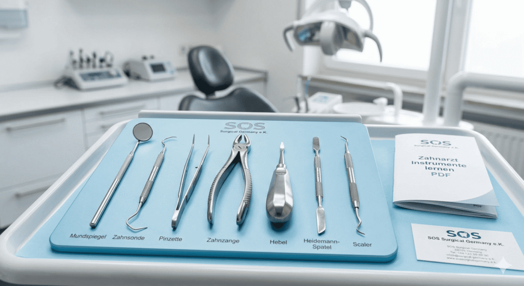 Hochwertige Instrumente eines Zahnarztes von SOS Surgical Germany e.K. übersichtlich angeordnet.