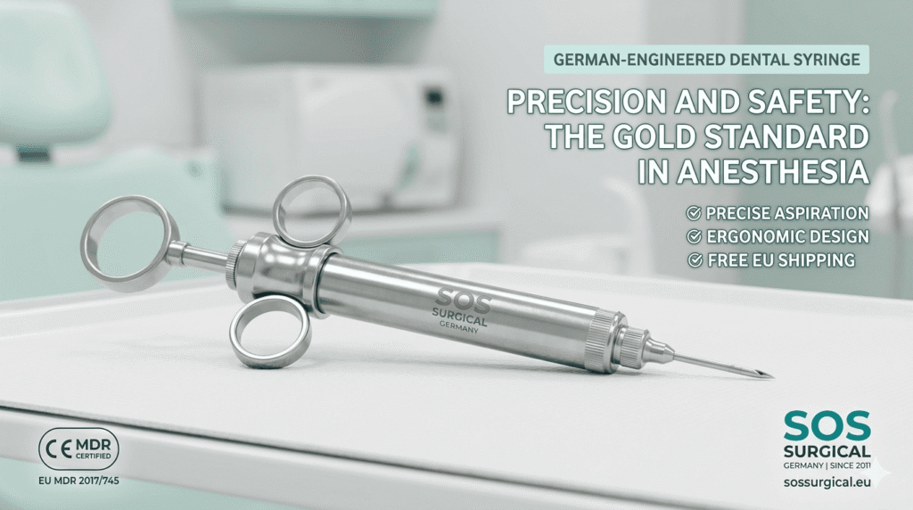 Stainless steel dental aspirating syringe for local anesthesia with ergonomic thumb ring, SOS Surgical Germany.